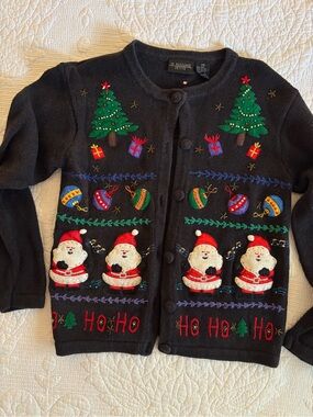 Vintage Holiday Santa & Tree Embroidered Black Sweater Cardigan